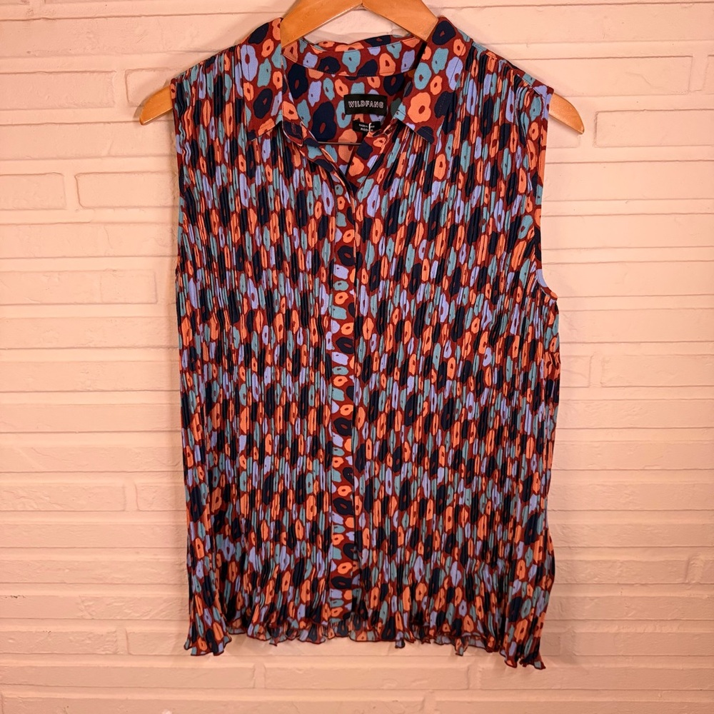 Wildfang Retro Floral The Empower Plisse Button up Top, Women’s Size medium